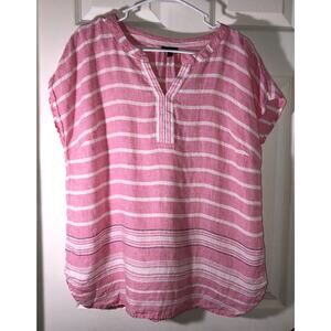 Talbots Top Pink Stripe V neck Boxy Linen Shirt Size L